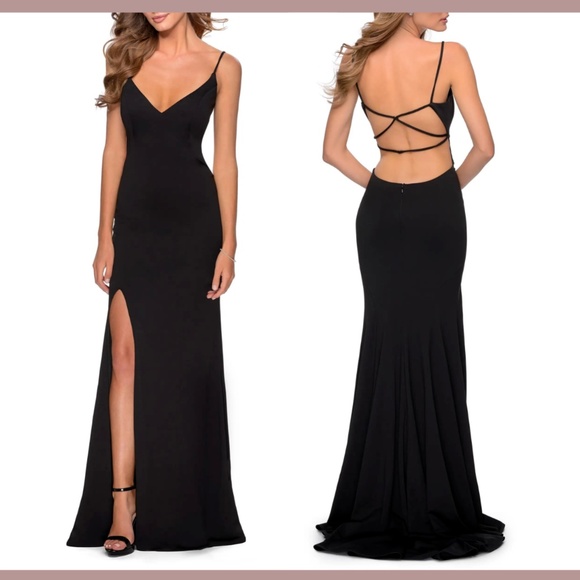 NWT $308 La Femme [ 4 ] Strappy Back Jersey Gown in Black‎ - Picture 1 of 14